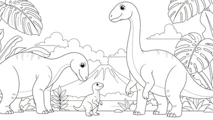 Cute dinosaur family coloring page, prehistoric landscape with volcano and plants.