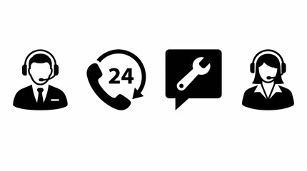 Black and white vector icons of call center agents, 24-hour phone support and technical service chat symbols, concept for user assistance website, corporate helpline and repair maintenance application