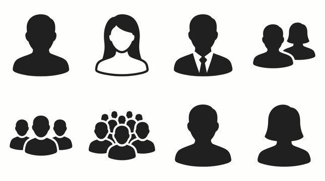 Black vector icons set of diverse male and female user avatars, including an executive silhouette and people groups, concept for user interface design, team management and social networking