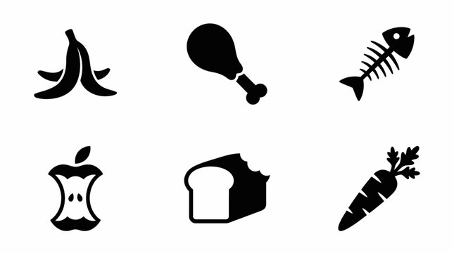 Black icons set of organic food waste: banana peel, chicken bone, fish skeleton, apple core, bread crust and carrot, concept for waste management, recycling signage and composting guides