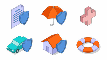 Collection of isometric insurance icons featuring home, auto, health, document and life protection concepts, concept for financial planning, policy documentation and risk management