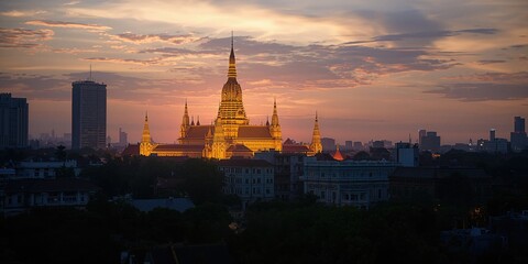 Phnom Penh's skyline during sunset with dense building arrangements, ideal for text layout backgrounds, World Urbanism Day