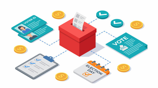 Isometric illustration of the voting election process with ballot box, IDs and calendar, concept for political campaign strategy, government infographics and civic education