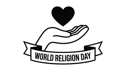 World Religion Day minimal icon design with heart and open hands symbol representing faith unity compassion and religious harmony isolated on white background