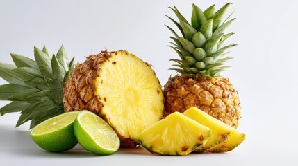 A vibrant display of whole and sliced pineapples accompanied by fresh limes. The image captures the juicy textures and natural colors, creating an appetizing and refreshing composition ideal for culin