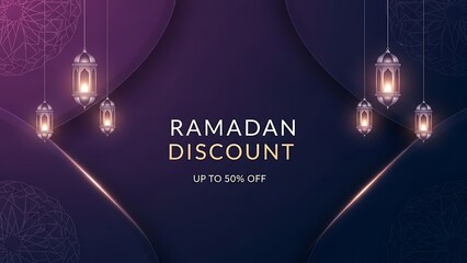 Ramadan Discount Offer with Islamic Lanterns and Geometric Design.