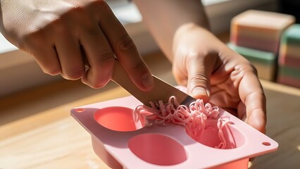 Crafting artisanal soap swirls, delicate layers in a silicone mold indoors