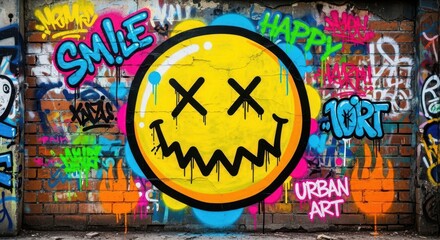 Obraz premium Vibrant graffiti artwork featuring a large stylized yellow face with crossed eyes covers an old brick wall surface.