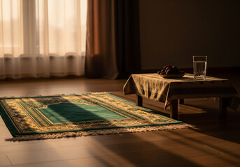 Prayer rug bathed in warm sunlight within a tranquil home, next to a table with dates and water, for a moment of spiritual devotion