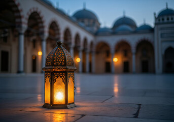 Ornate metal lantern with a warm glow on ancient stone, subtly illuminating a beautiful mosque courtyard at dusk, embodying spiritual peace and cultural heritage
