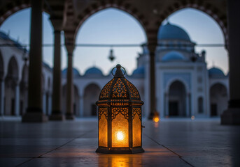 Ornate traditional lantern shining warmly on a tiled mosque courtyard, symbolizing spiritual tranquility and cultural heritage during the peaceful twilight hours