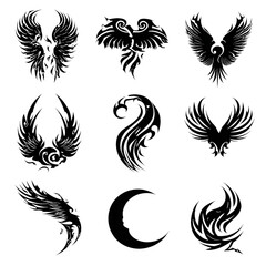 Fototapeta premium Set of 9 black phoenix bird silhouette logo icons isolated PNG with Transparent Background
