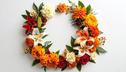 Decorative U-shaped floral arrangement with lilies, marigolds, and roses on white background