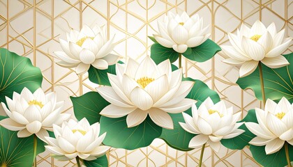 Obraz premium White lotus flowers with green leaves on geometric gold background