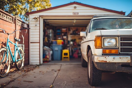 Old pickup truck parked in open suburban garage