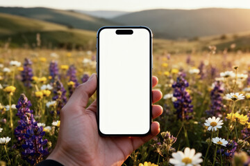 Hand holding smartphone in sunlit wildflower field