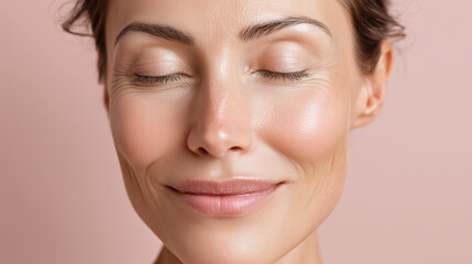 Close up of face with soft natural matte finish pastel pink skin tone, smooth texture, and relaxed expression showing healthy glowing complexion and subtle smile