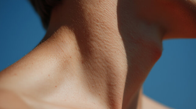 Close up of natural skin texture on neck and collarbone with soft sunlight and clear blue sky background showing healthy radiant skin surface