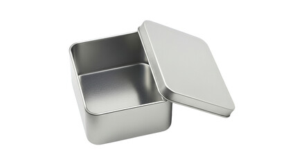 Open rectangular metal food container isolated on transparent background, suitable for packaging mockups, meal prep concepts, food storage, takeaway branding, and reusable container visuals.