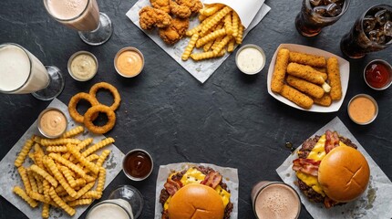 Assortment of fast food with cheeseburgers fries and milkshakes