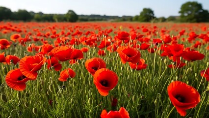 Obraz premium Vibrant red poppy field stretching to the horizon under a clear summer sky, closeup view of blooming flowers in green grass