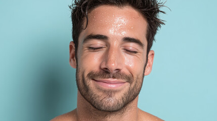 Naklejka premium Young man with wet skin and closed eyes smiling peacefully against pastel blue background, showing fresh and cool skin effect with natural beard and dark hair