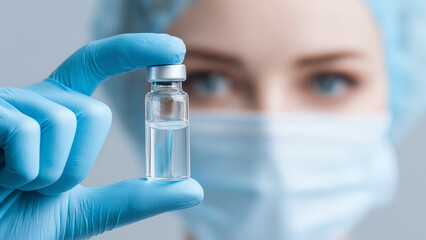 a scientist hand in blue gloves holding an empty vial with liquid inside