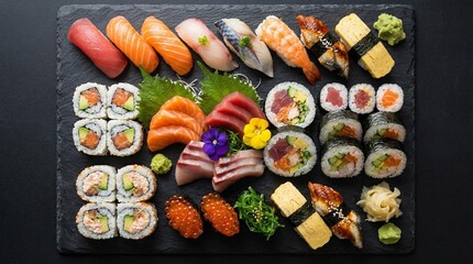Assortment of Japanese sushi including nigiri, sashimi, and maki rolls