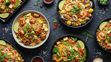 Assortment of Asian fried rice with seafood chicken and vegetables