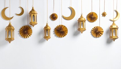 Golden lanterns, moons, and rosettes hanging festive decor