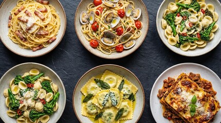 Assortment of Italian pasta including lasagna ravioli carbonara and orecchiette