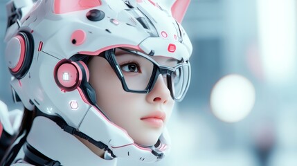 Gamer girl wearing futuristic cat-ears helmet and glasses
