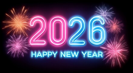 A vibrant neon sign glows in the black night to celebrate the happy New Year holiday party with a bright light illustration for the eve celebration