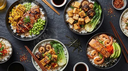 Assortment of high protein food with chicken seafood and tofu