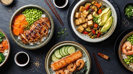 Assortment of healthy protein bowls featuring salmon chicken and tofu