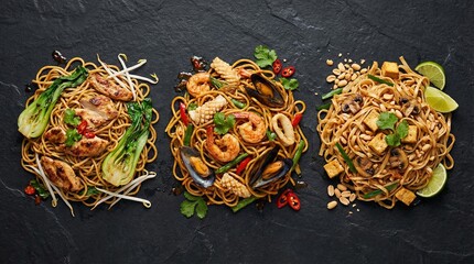 Assortment of Asian noodles with chicken seafood and tofu