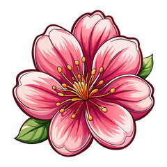 Pink Cherry Blossom Sakura Flower with Green Leaves 