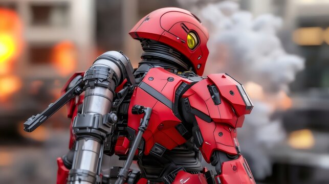 Futuristic firefighter wearing red mecha armor extinguishing fire in city