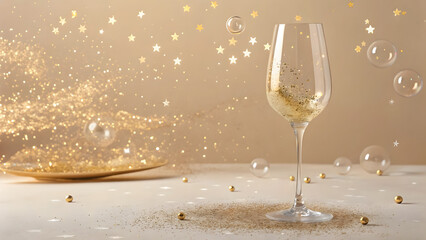 Golden glitter in a drink glass with floating bubbles and stars creating a festive celebration