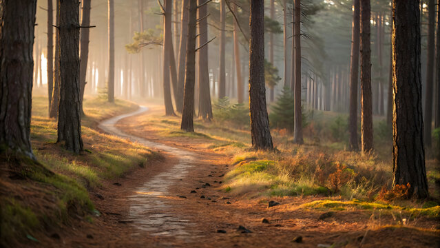 A tranquil winding path bathed in golden light through a misty pine forest at dawn