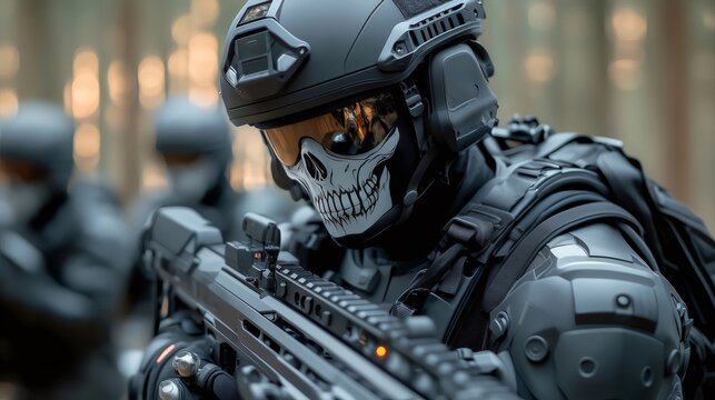 Special forces soldier wearing skull mask holding black rifle in advance suit