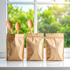 Brown pouches with utensils and a bright green view
