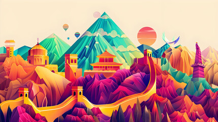 Vibrant fusion of iconic landmarks with great wall pyramids and mountains in artistic poster design