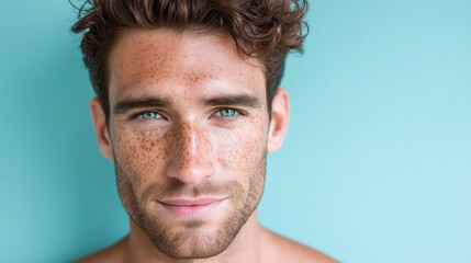 Fototapeta premium Young man with freckles and blue eyes looking confidently at camera with soft pastel blue background and natural curly hair