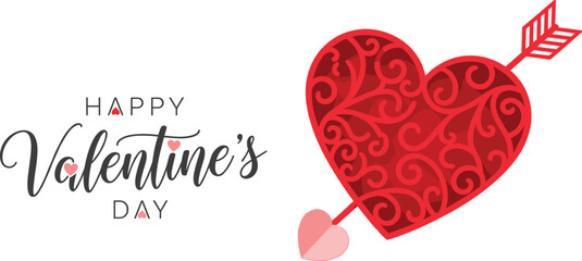 Romantic Valentine’s Day vector greeting card with decorative heart and arrow, love celebration typography design for couples