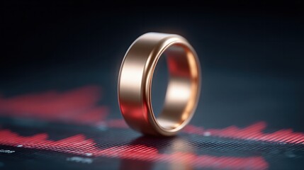 Minimalist rose gold smart ring on digital financial graph illustrating modern wearable tech and investment in health data tracking