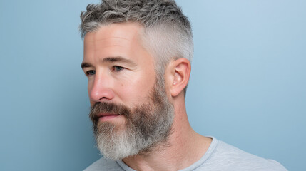 Obraz premium Man with salt and pepper beard and short hair looking calm and relaxed against light blue background, showing thoughtful and peaceful expression in close up portrait