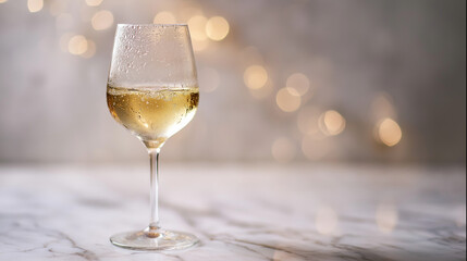 stemware. An elegant wine glass with condensation, placed on a luxurious marble surface. bar promotions, beverage menus, designed for product packaging and bar promotions, elevates brand perception.