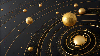 Golden celestial bodies orbiting a central core in a luxurious cosmic display