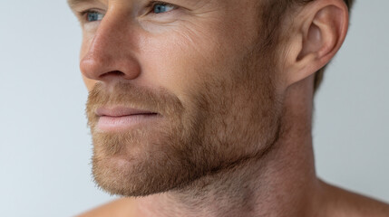 Obraz premium Close up of rugged masculine face with textured beard and blue eyes showing natural skin detail and calm expression in soft light